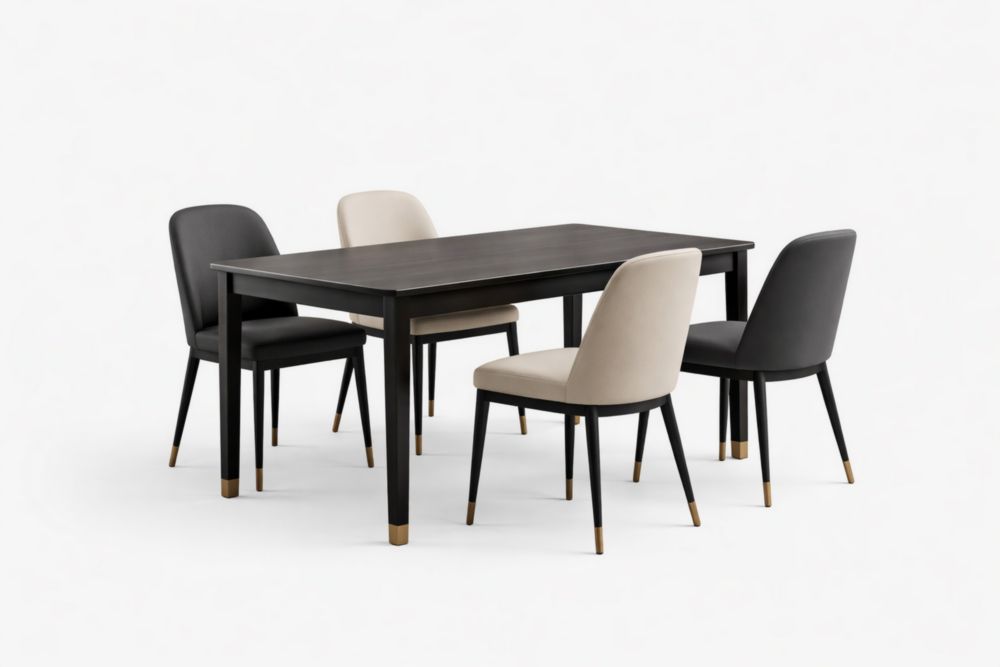 Set Tavolo Rettangolare con Quattro Sedie in MDF e Tessuto Nero/Beige