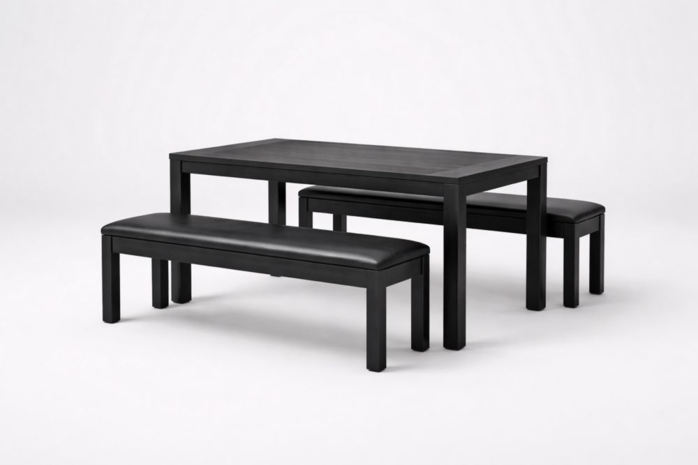 Set tavolo e panche in legno massello e PU nero