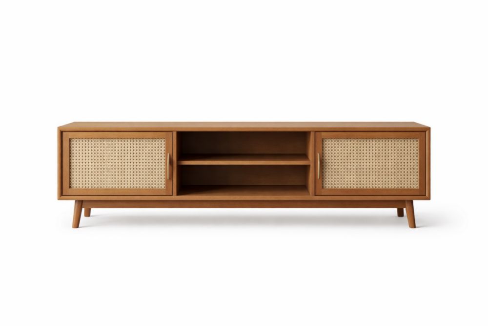 Mobile TV in legno massello con ante in rattan 150x40x50 cm