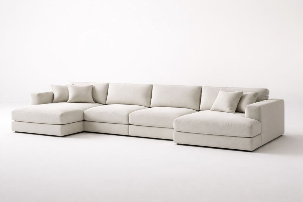 Divano Angolare in Tessuto Poliestere Bianco con Cuscini