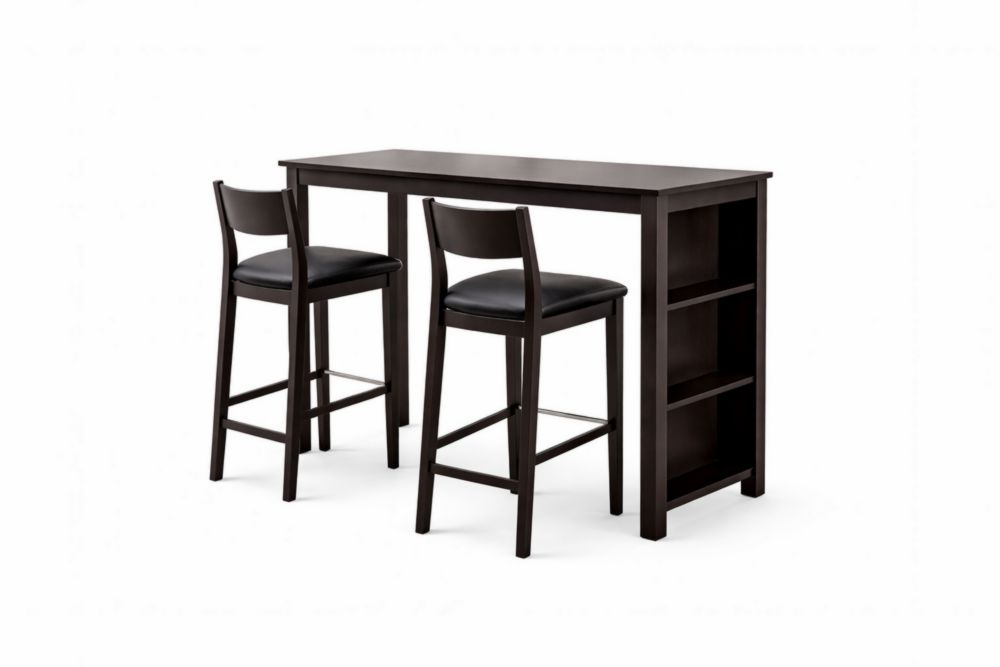 Set Tavolo Alto in Legno Massello con 2 Sgabelli e Ripiani Integrati