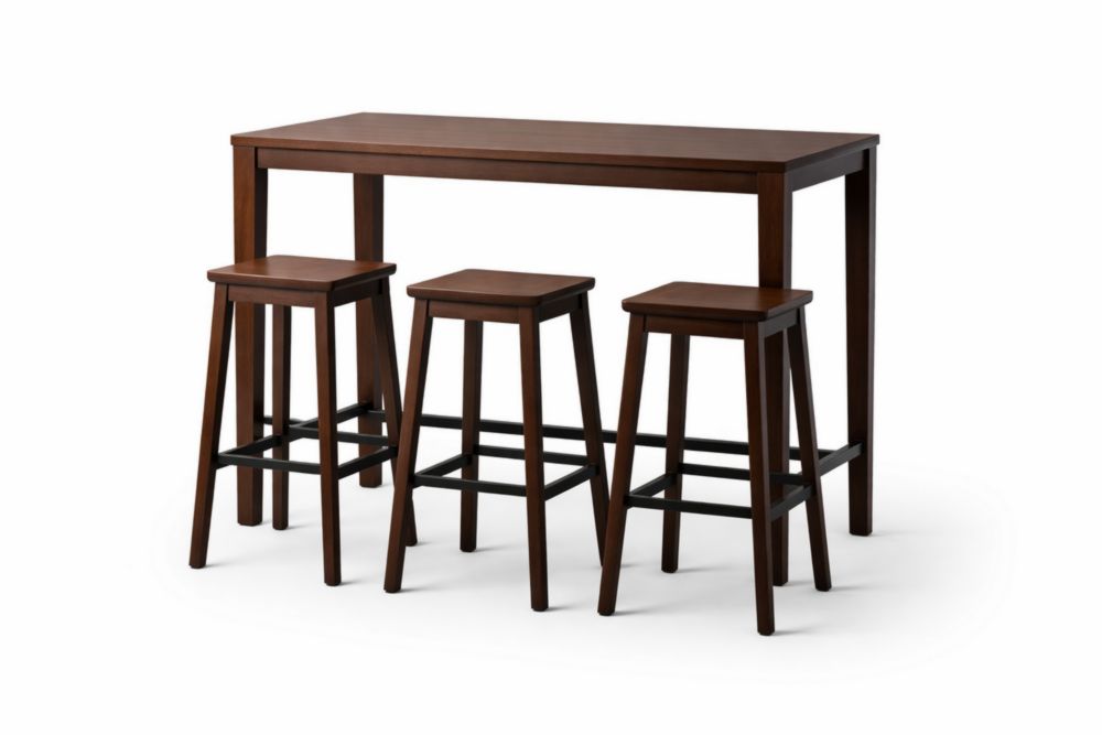 Set tavolo alto rettangolare con sgabelli in legno massello marrone