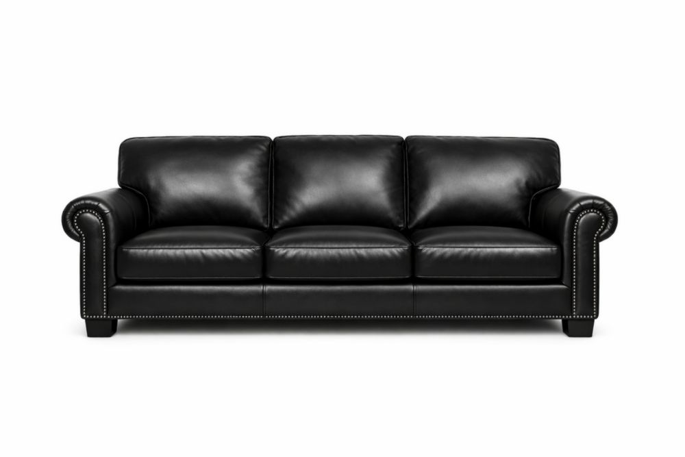 Divano in Pelle Nera con Braccioli Arrotondati Lunghezza220cmxLarghezza90cmxAltezza85cm