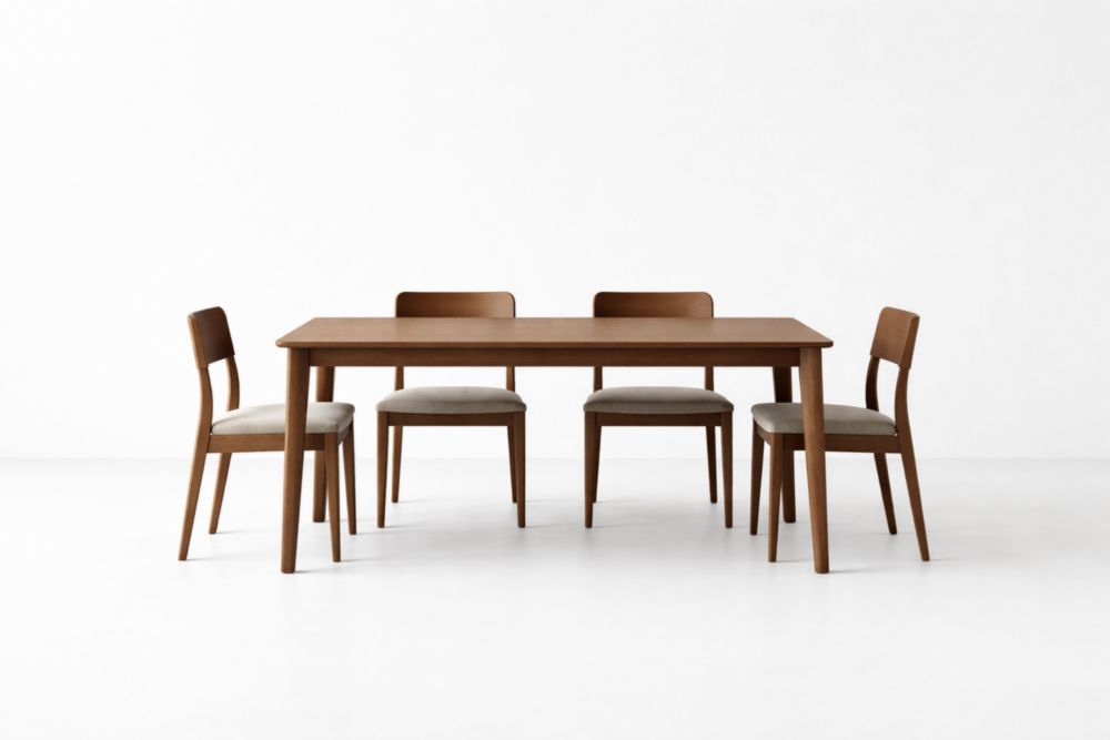 Set Tavolo da Pranzo in Legno Massello Di Quercia con Sedie in Tessuto