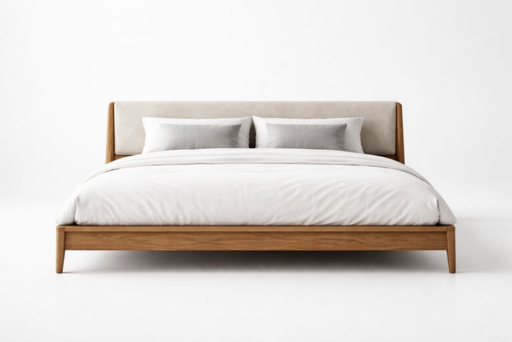 Letto matrimoniale in legno di quercia con testiera imbottita beige