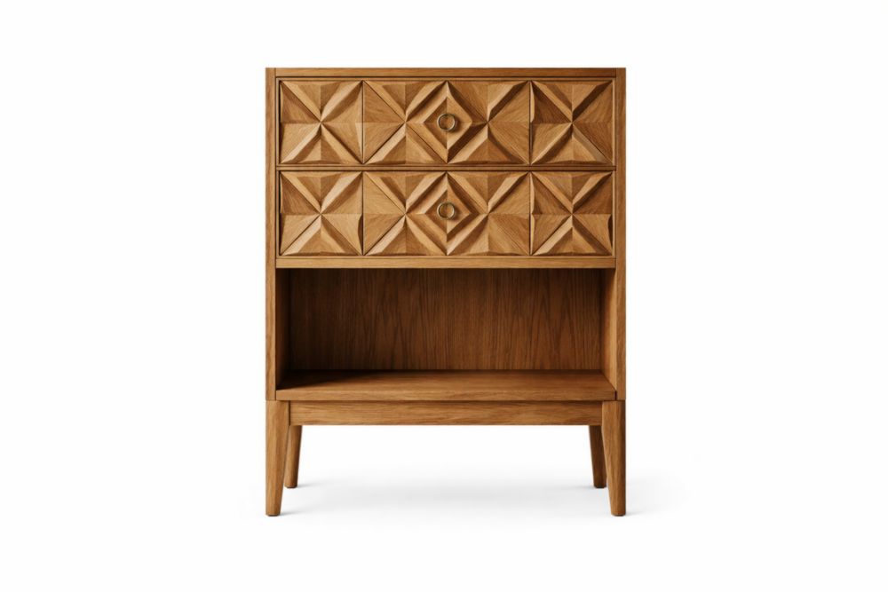 Comodino in Legno Massello di Quercia con Cassetti Intagliati Larghezza60cmxProfondità40cmxAltezza100cm