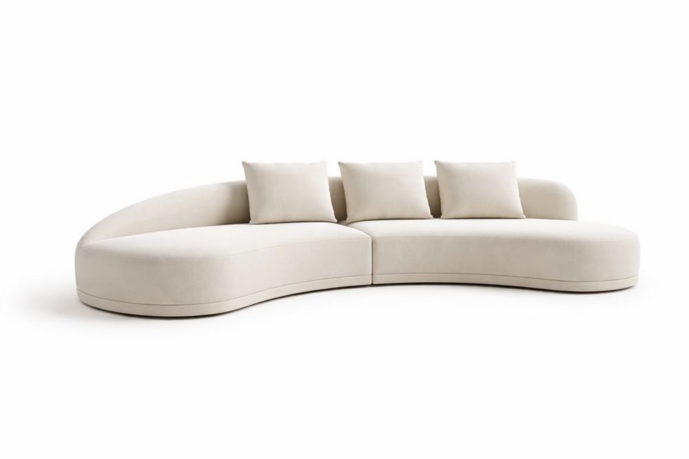 Divano curvo in poliestere beige con cuscini