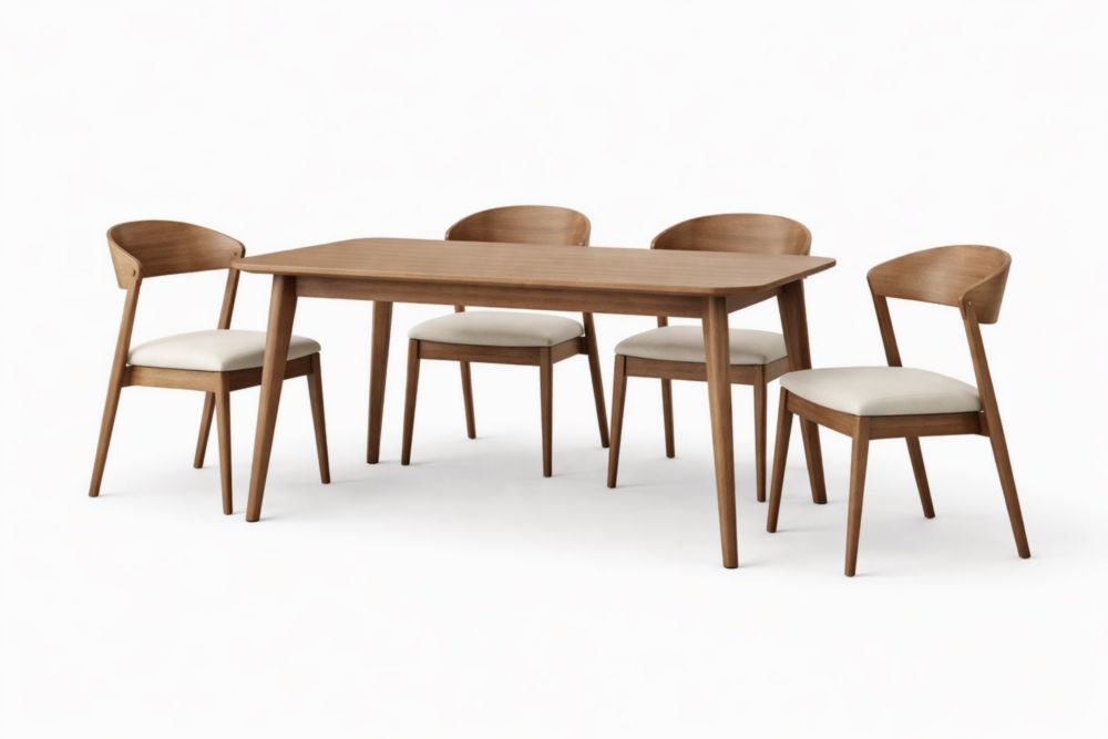 Set tavolo da pranzo con 4 sedie in legno di noce imbottitura poliestere crema