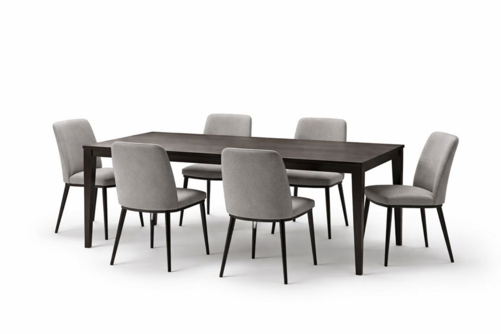 Set tavolo da pranzo in legno massello scuro con 6 sedie imbottite grigie