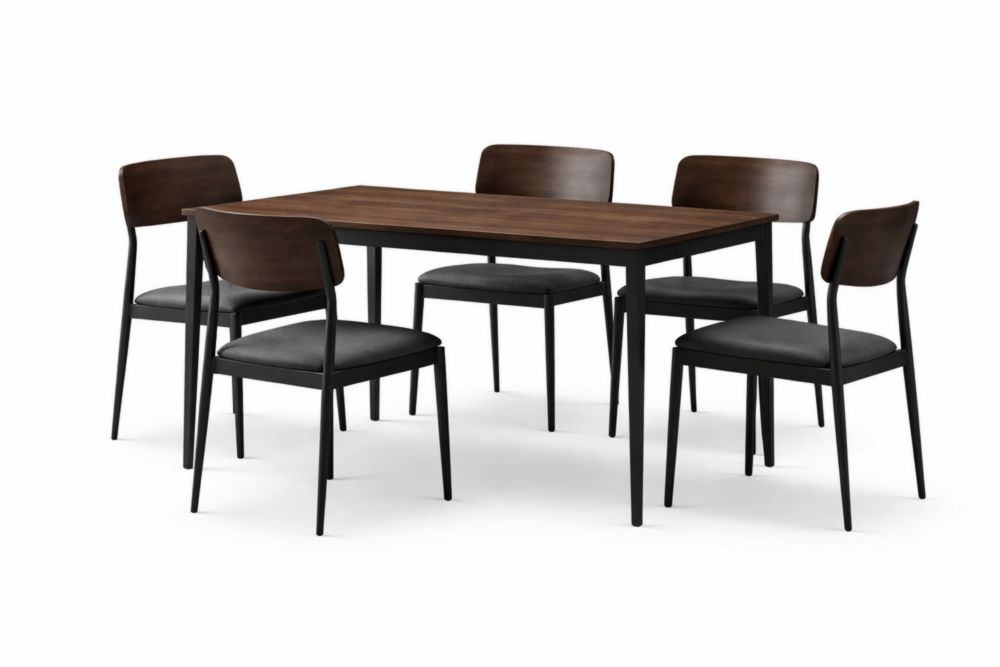 Set Tavolo da Pranzo in Legno Massello Scuro e Sedie in Acciaio con Seduta in Pelle Sintetica Nera