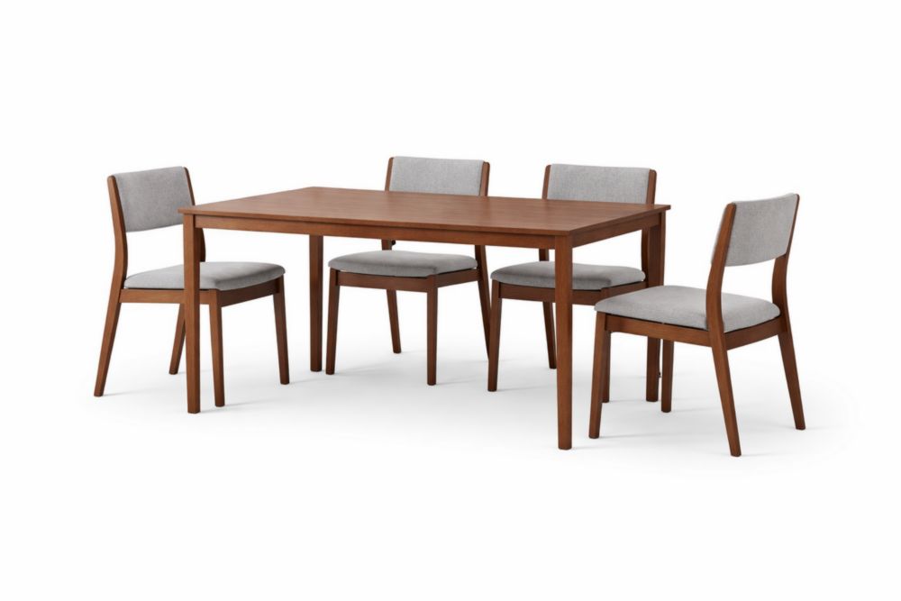 Set tavolo da pranzo rettangolare in legno massello con 4 sedie imbottite grigio