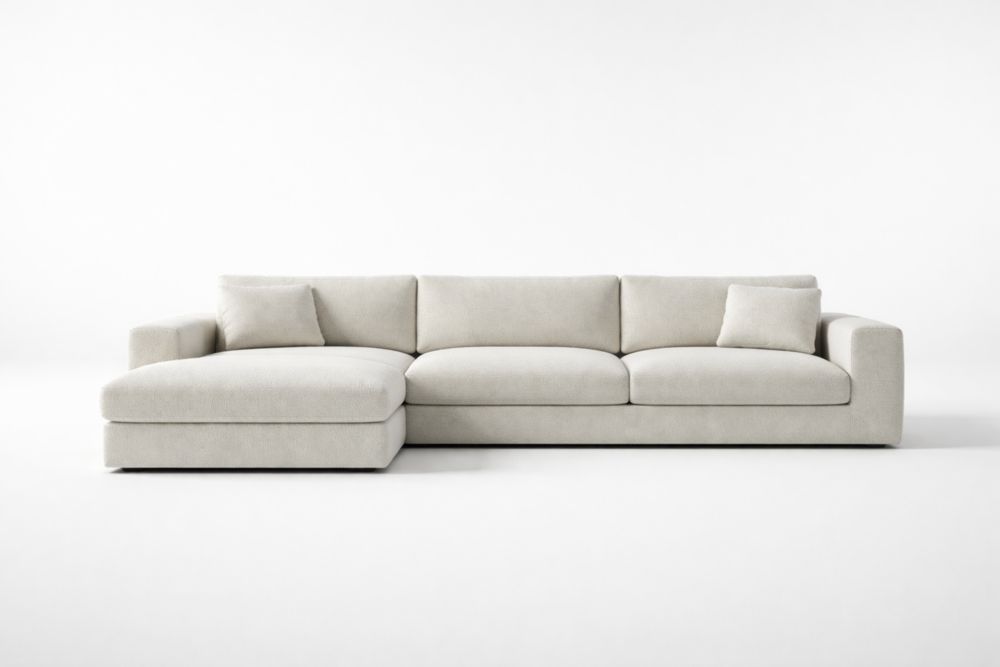 Divano angolare in tessuto poliestere beige con chaise longue