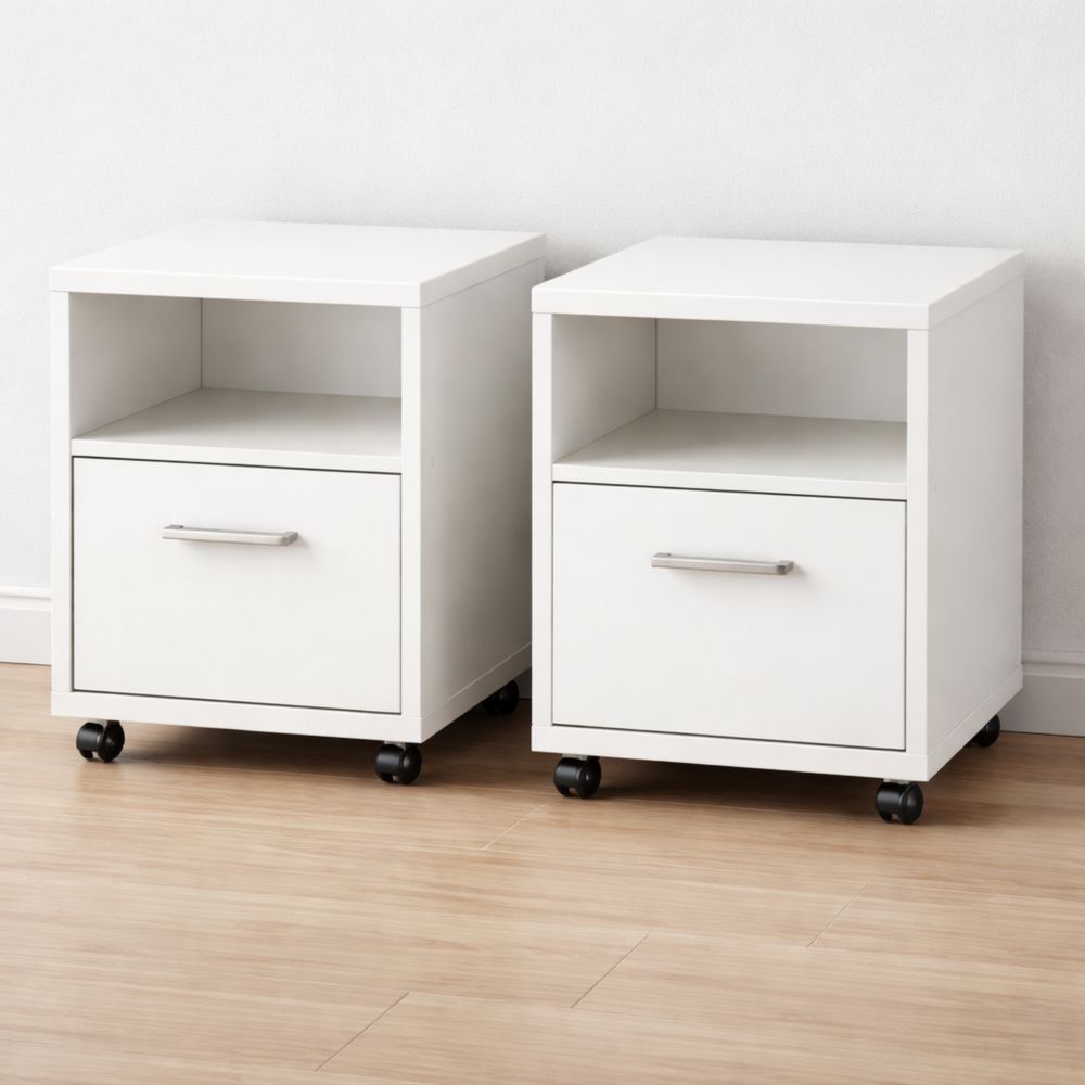 Set due comodini con ruote in legno MDF bianco con cassetto e ripiano 40x35x50 cm