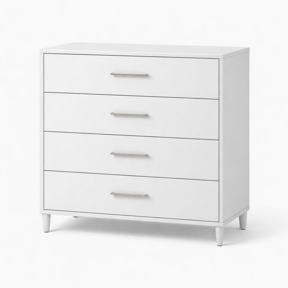 Cassettiera in MDF bianco a 4 cassetti con maniglie in metallo