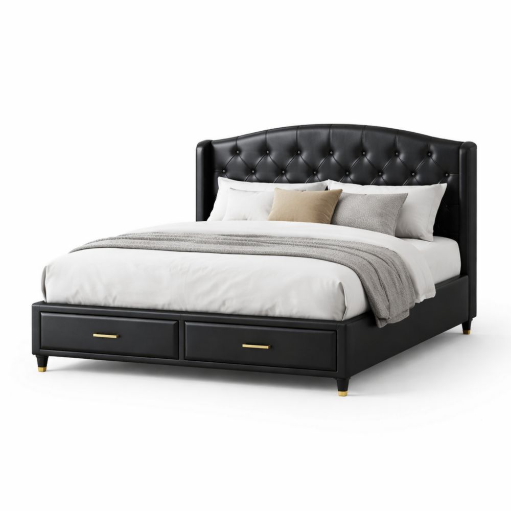 Letto Matrimoniale con Cassetti in Similpelle Nera