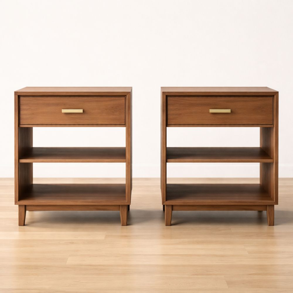 Set di comodini in legno di noce con cassetto e ripiani