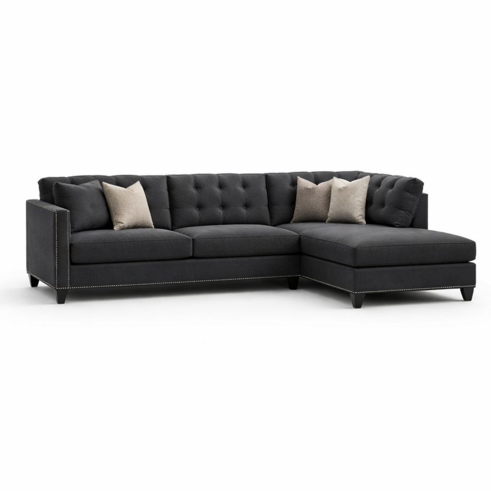 Divano Angolare in Tessuto Grigio Scuro con Cuscini