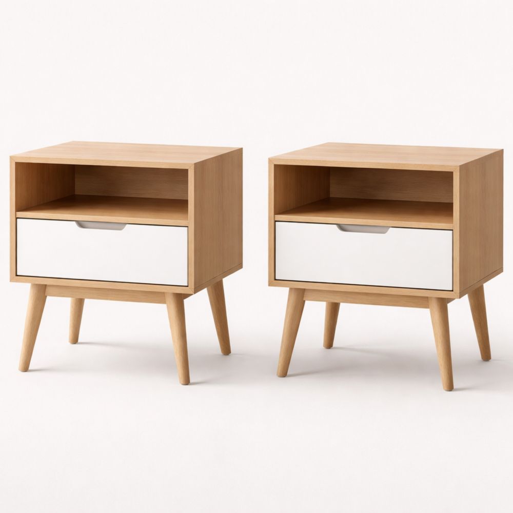 Set di 2 Comodini in Legno di Rovere con Cassetto Bianco