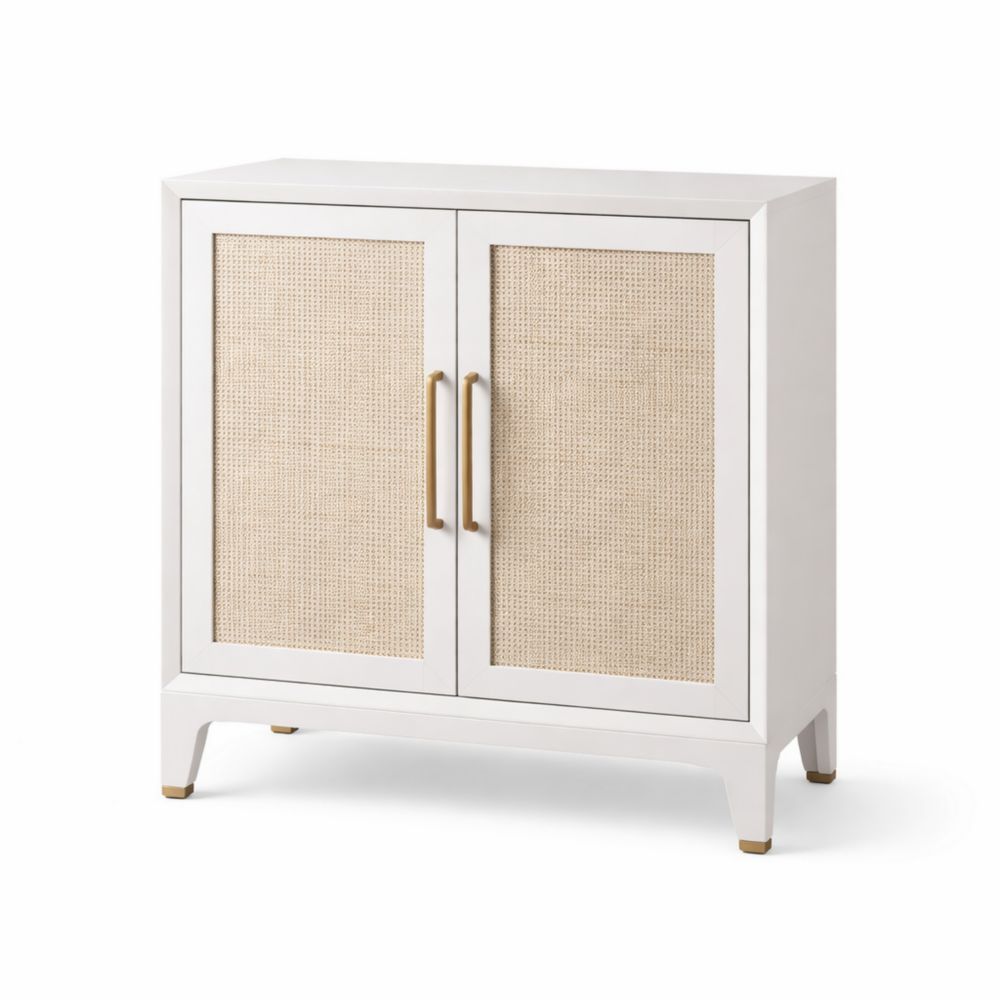 Credenza in Legno con Ante in Rattan Bianco