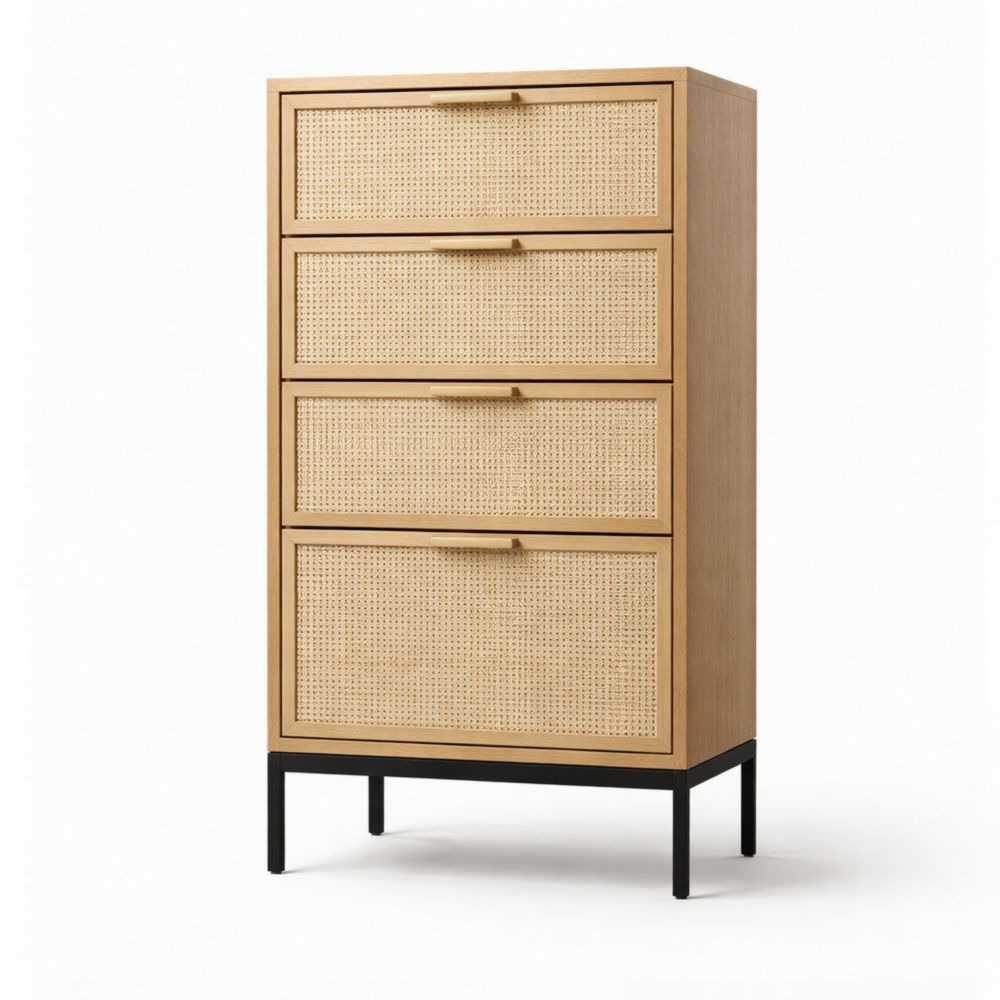 Cassettiera a 4 cassetti in legno e rattan con struttura in metallo nero