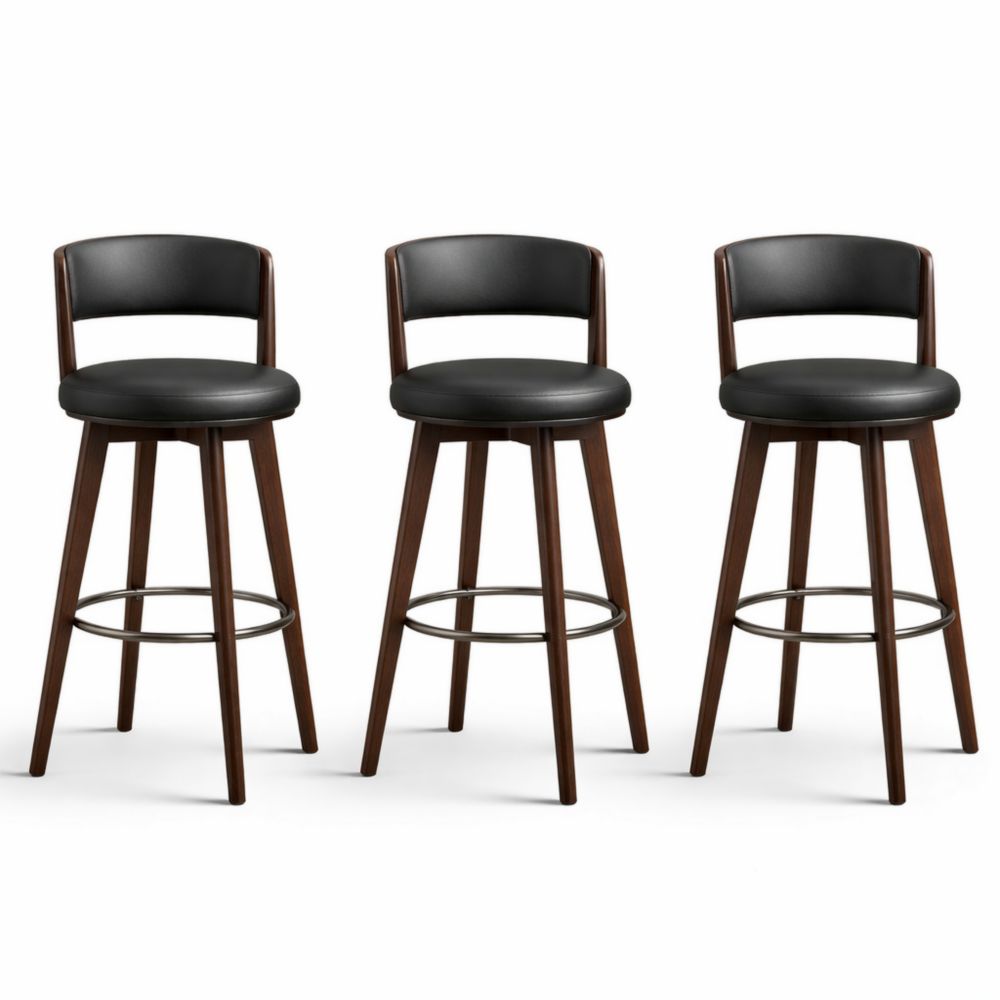 Set di sgabelli girevoli in legno e pelle sintetica nera