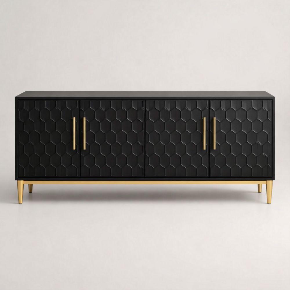 Credenza in MDF Nero con Gambe e Maniglie in Metallo Dorato 180x45x75 cm