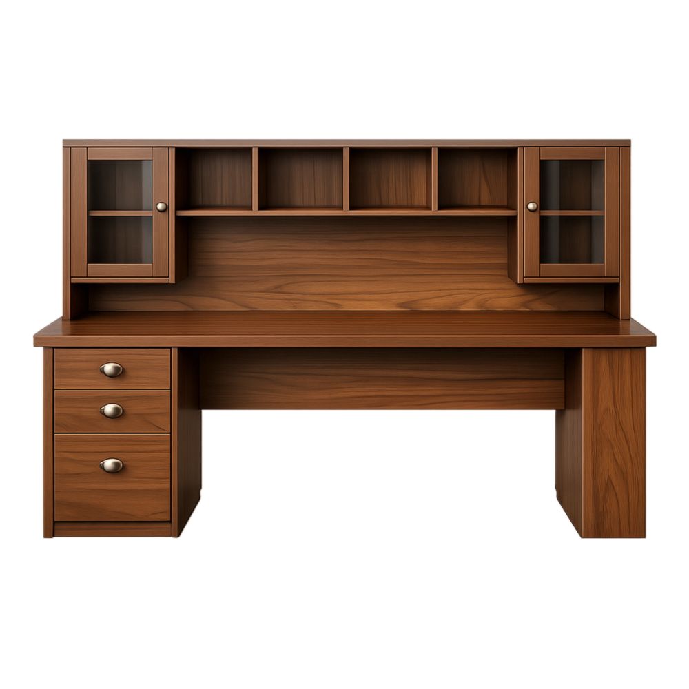 Scrivania in legno laminato con cassetti e armadietti in vetro temperato 150cm