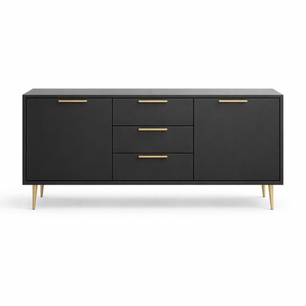 Credenza in MDF e Metallo Nero con Dettagli Dorati 160x75x40 cm