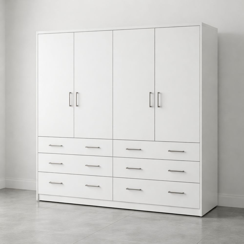 Armadio in Legno con 4 Ante e 6 Cassetti Bianco 200x60x180 cm