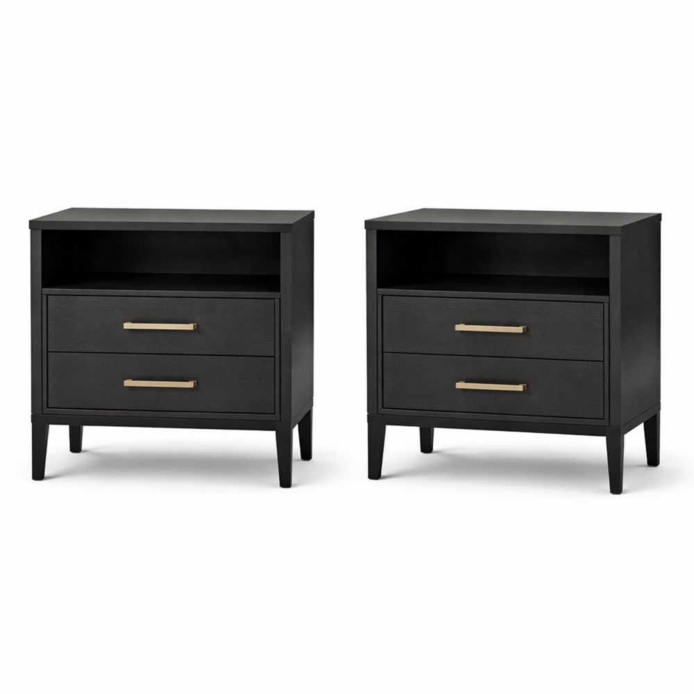 Set di comodini in legno nero con due cassetti e ripiani aperti