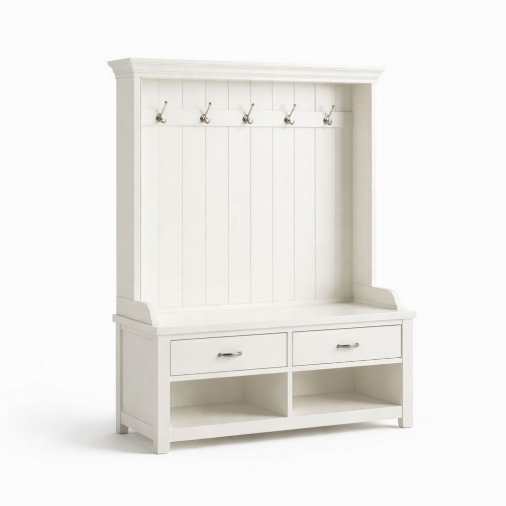 Appendiabiti da Ingresso in MDF Bianco con Ganci e Cassetti