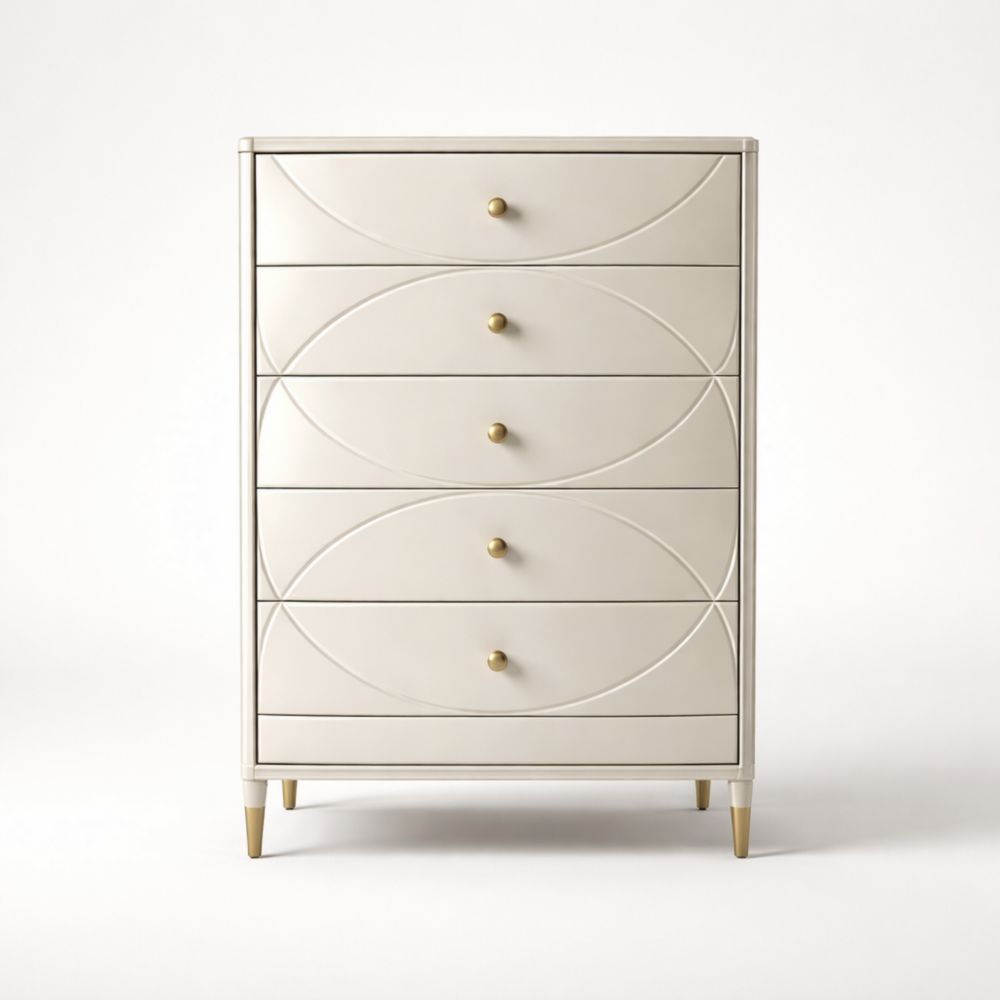 Comò a cinque cassetti in legno con finitura verniciata beige