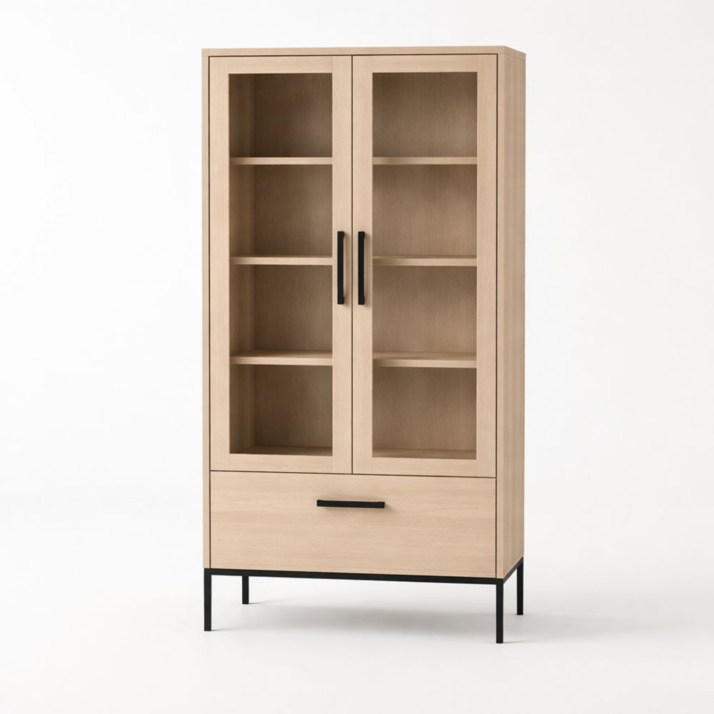 Vetrina in Legno di Rovere con Ante in Vetro Temperato e Cassetto Nero