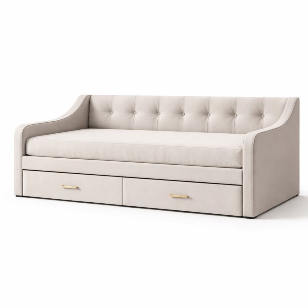 Divano letto con cassetti tessuto poliestere beige 200 cm