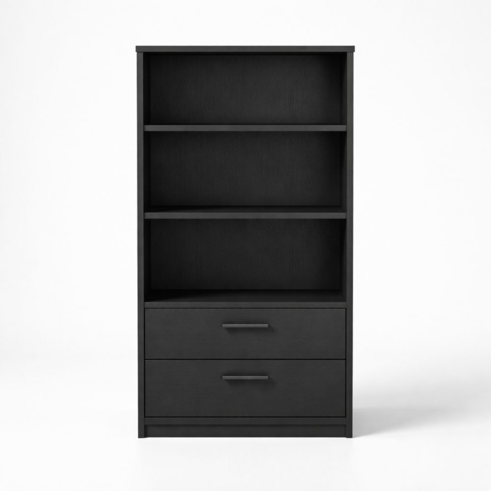 Libreria in legno nero con ripiani e cassetti