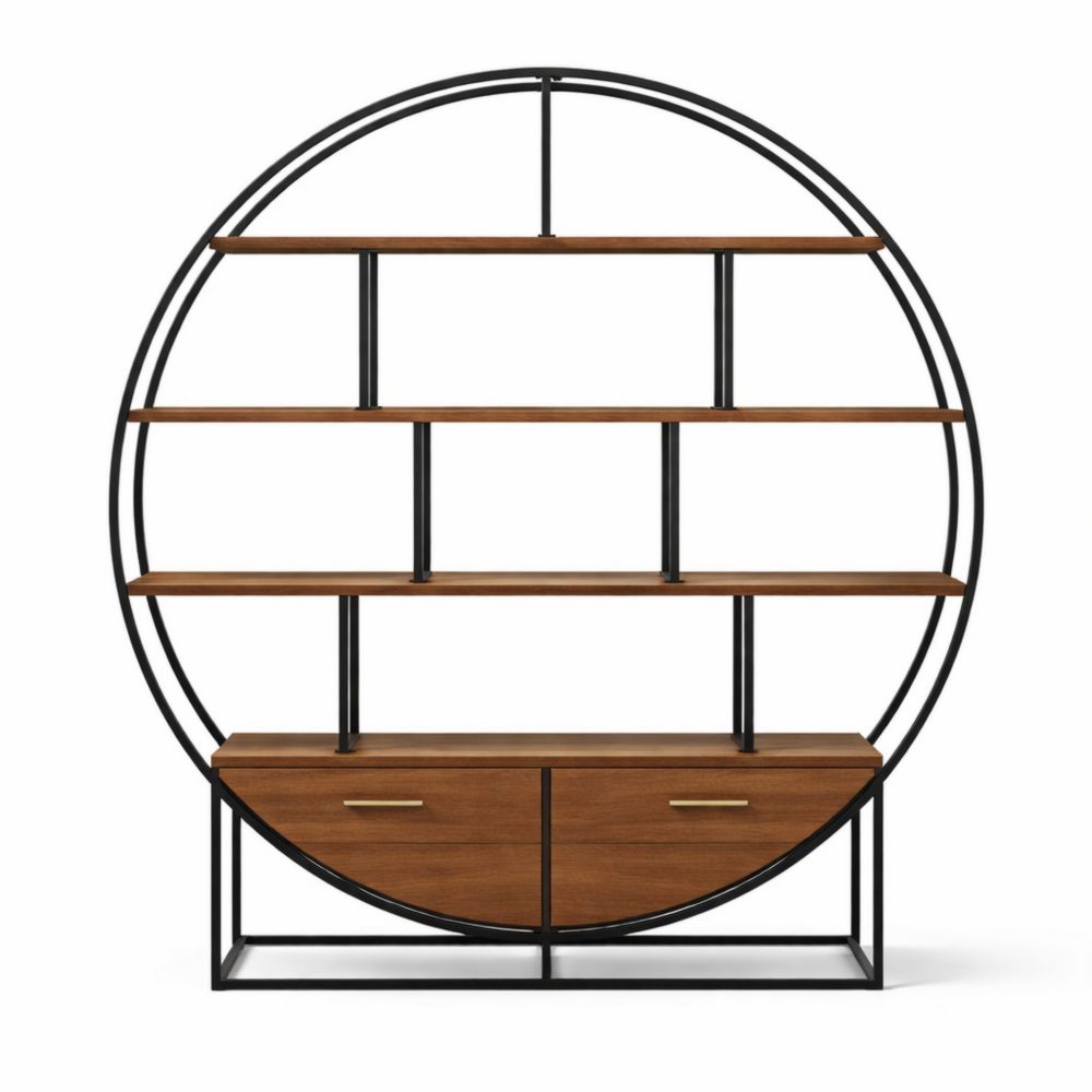 Libreria circolare in metallo e legno con cassetti, 200x200x35 cm
