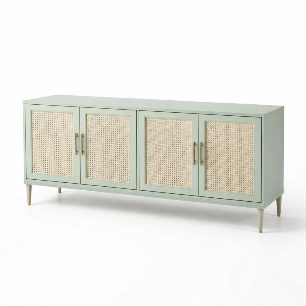 Credenza in Legno e Rattan Verde 160x40x70 cm