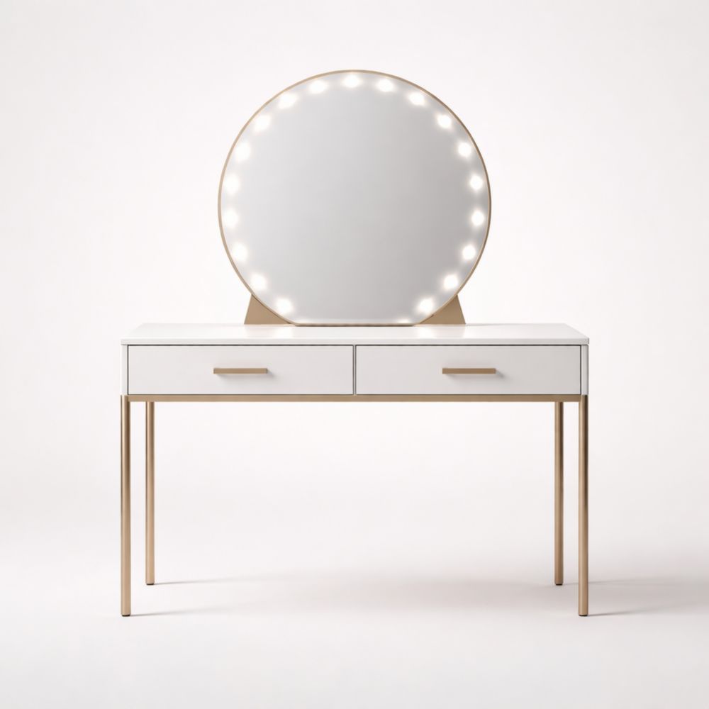 Tavolo da Trucco con Specchio LED e 2 Cassetti Bianco e Oro