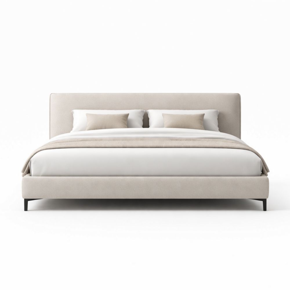 Letto matrimoniale in legno e metallo con rivestimento in tessuto beige