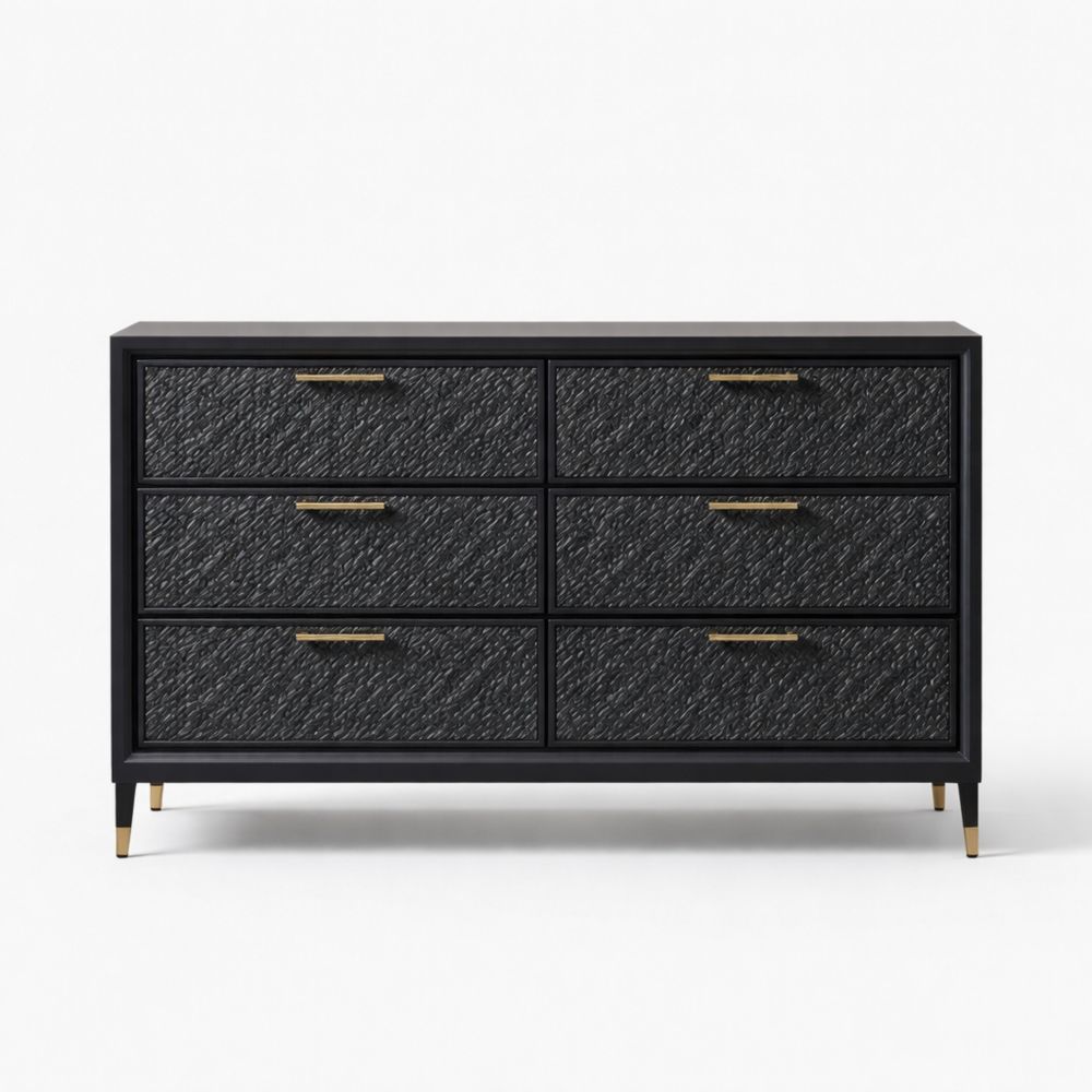 Cassettiera in Legno con Superficie Intarsiata 6 Cassetti Nero