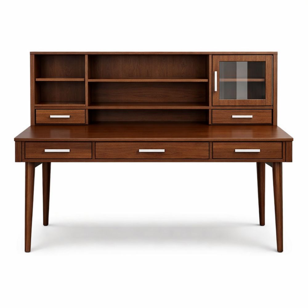 Scrivania in legno con cassetti e mensole in vetro temperato marrone