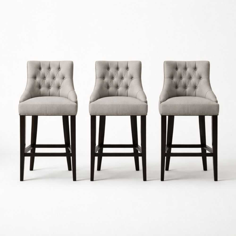 Set di 3 Sgabelli da Bar in Legno e Tessuto Grigio