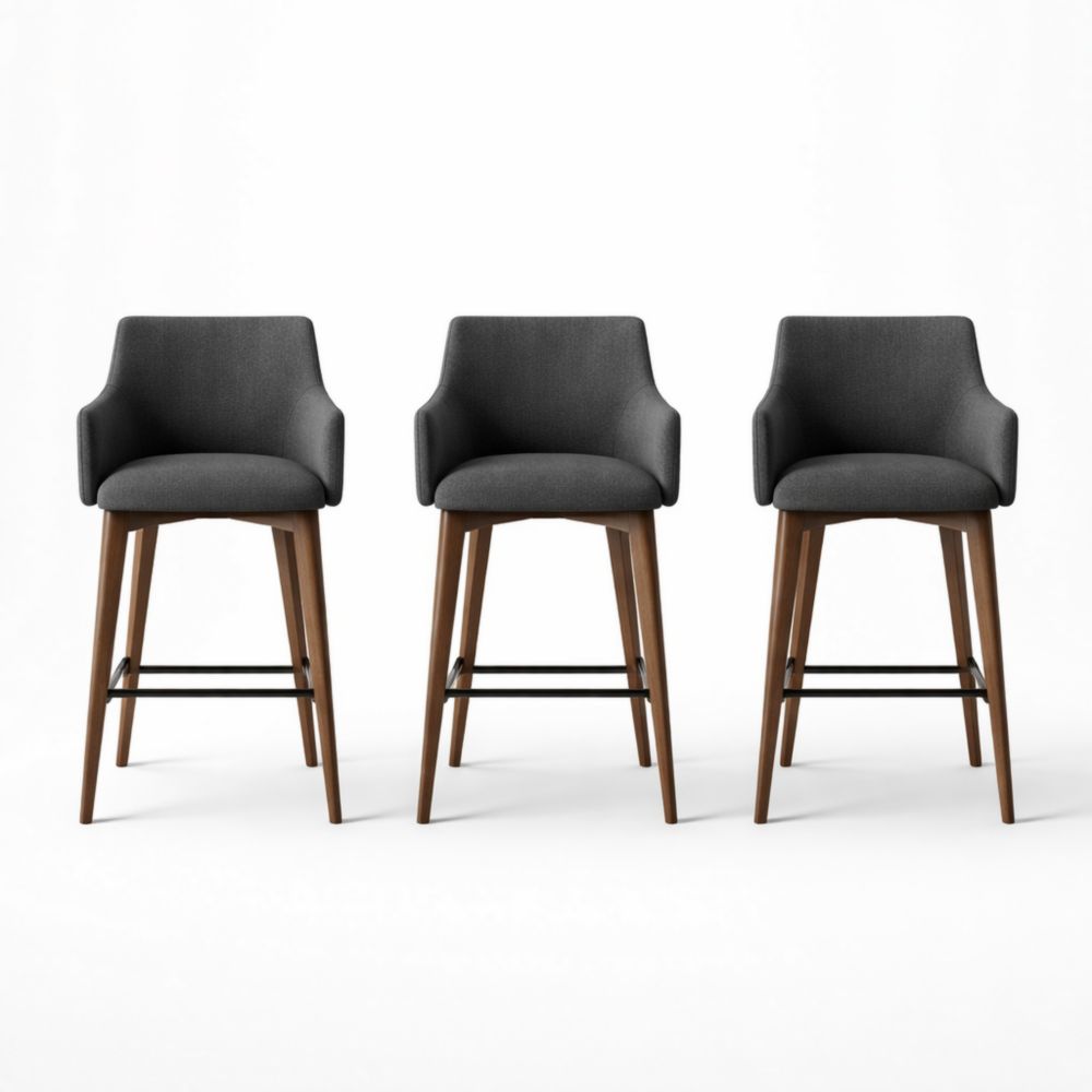 Set di 3 Sgabelli da Bar in Legno e Tessuto Antracite