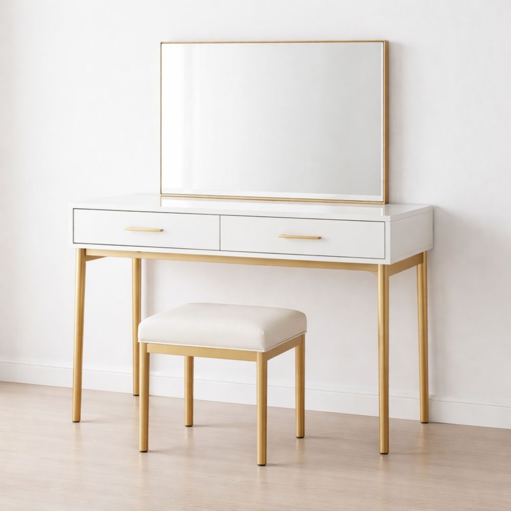 Tavolo da Trucco con Specchio e Sgabello in MDF e Metallo Bianco/Oro