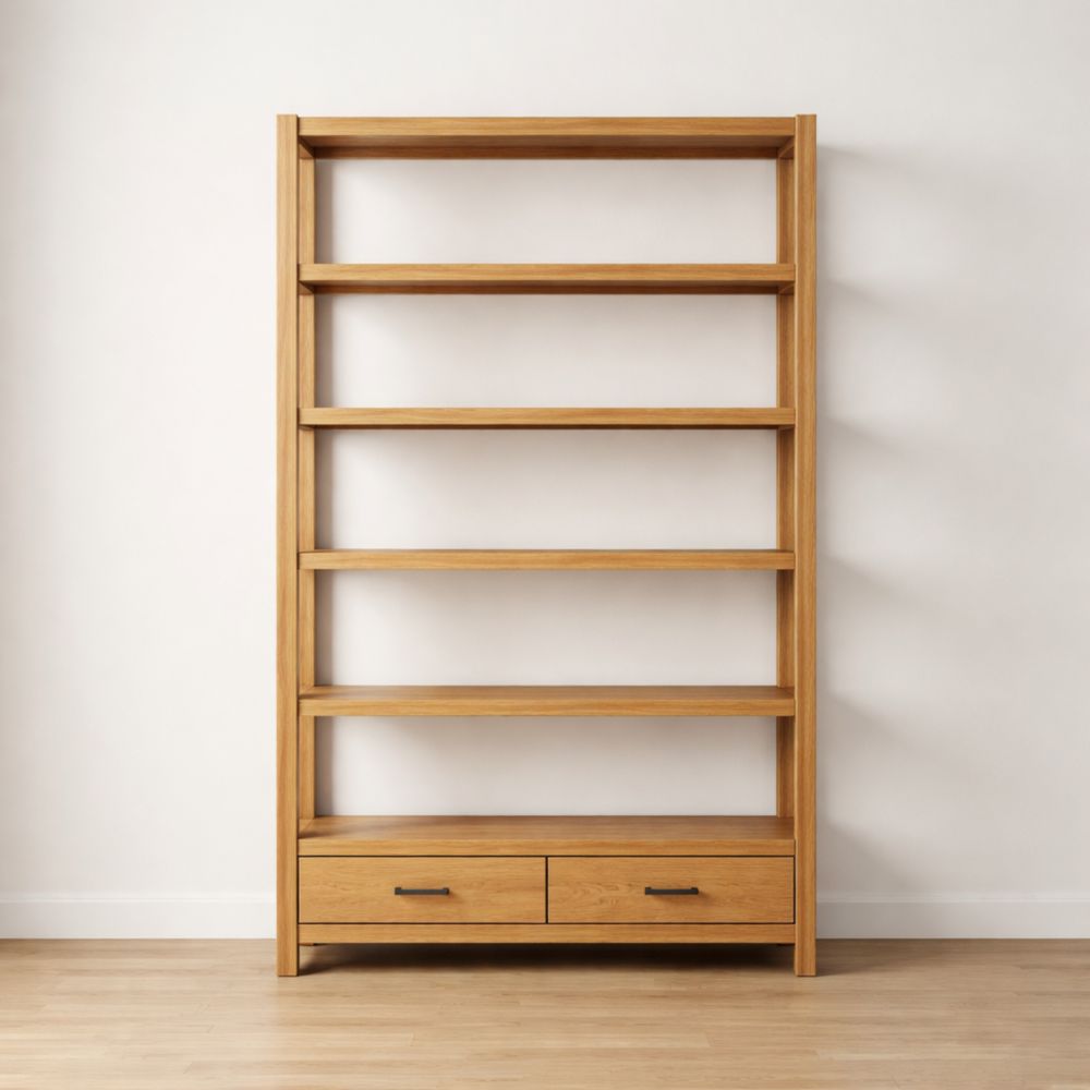 Scaffale libreria in legno massiccio con cassetti e 5 ripiani