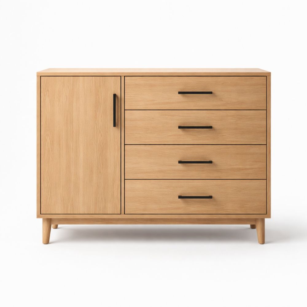 Credenza in legno di quercia con 4 cassetti e 1 sportello, colore naturale