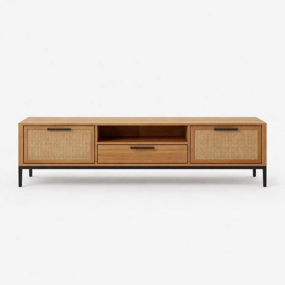 Mobile TV in legno e rattan con struttura in metallo 150x40x50 cm