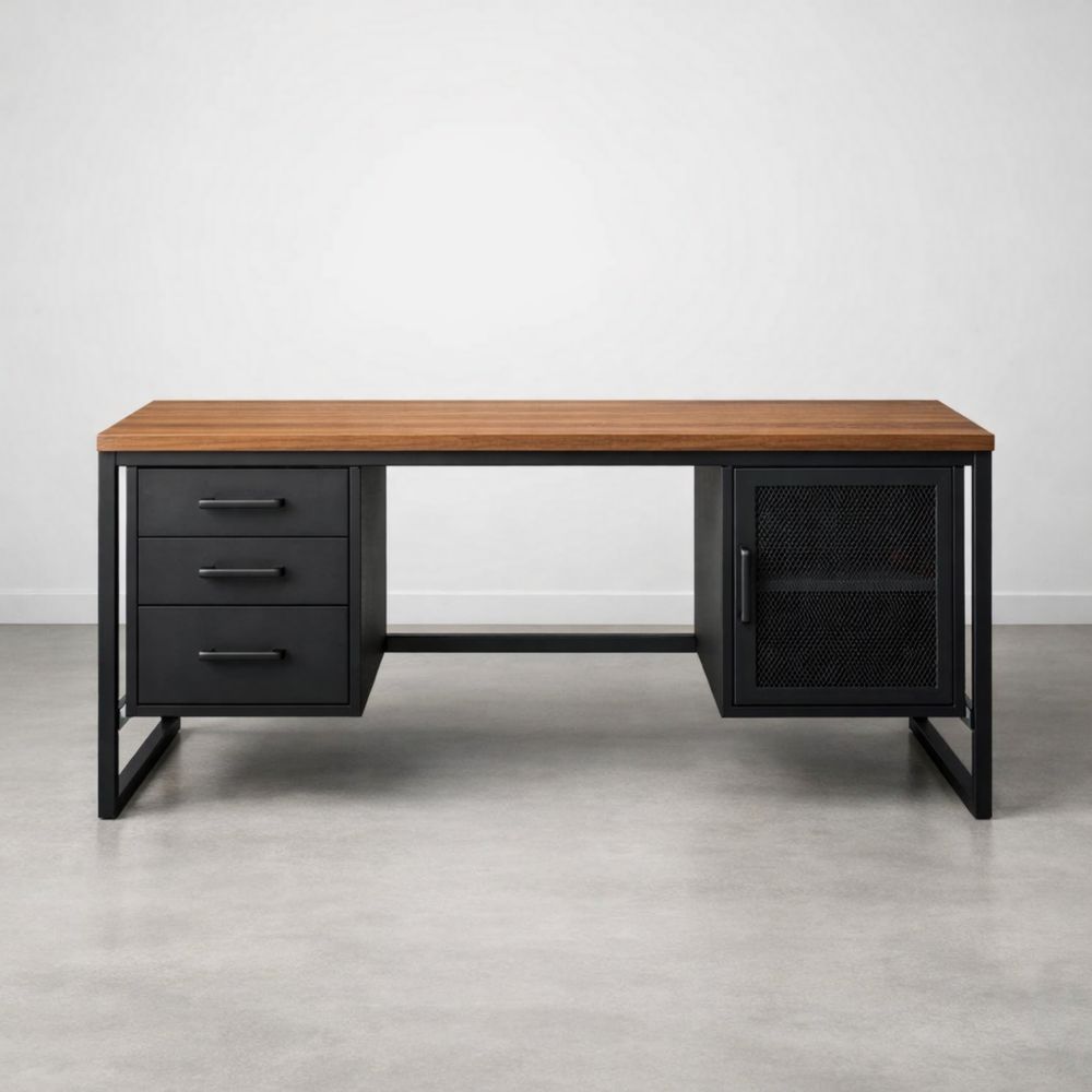Scrivania in Legno e Acciaio con Cassetti e Armadietto a Rete Marrone/Nero