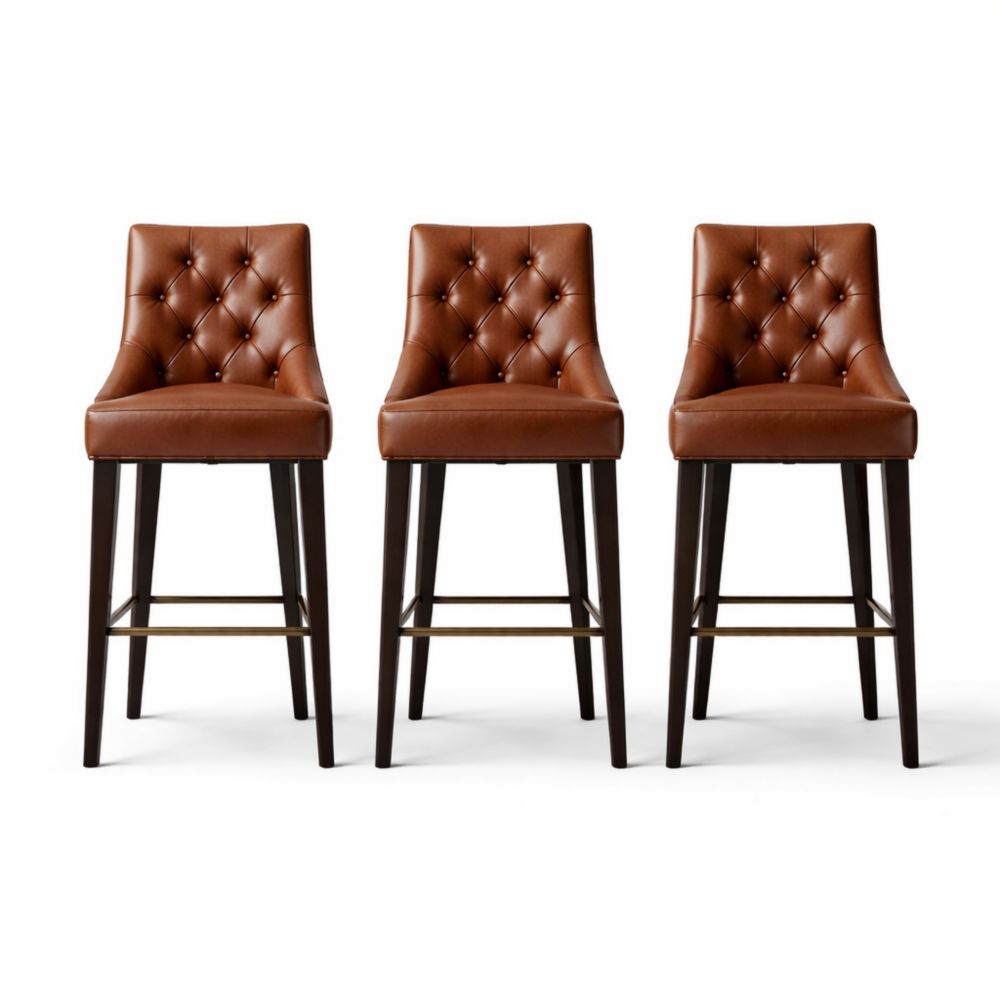 Set di 3 sgabelli bar in pelle sintetica marrone con struttura in legno