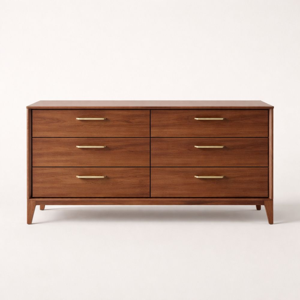 Cassettiera in Legno Noce con 6 Cassetti Metallo Dorato